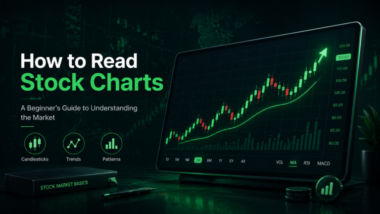 Learn how to read stock charts in simple terms. Understand candlesticks, price trends, volume, support, resistance, and common chart signals for beginners.