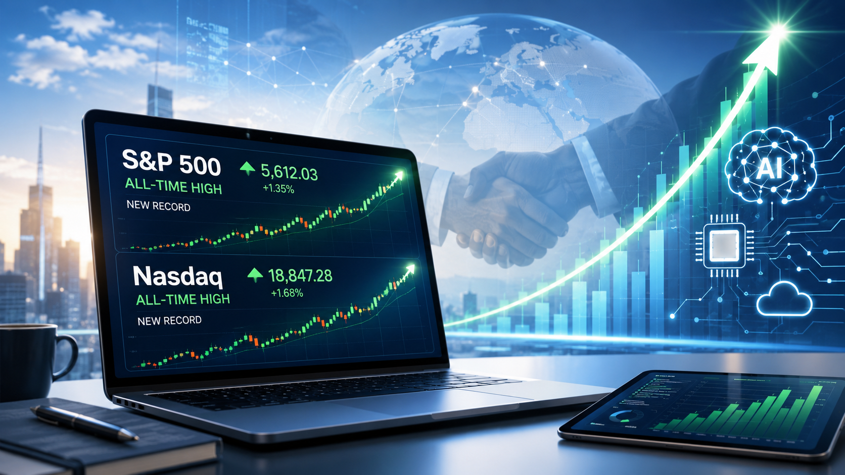 S&P 500 all-time high, Nasdaq all-time high, stock market rally 2026, tech stocks rally, AI stocks 2026, US-Iran peace talks market, beginner investing, stock market news