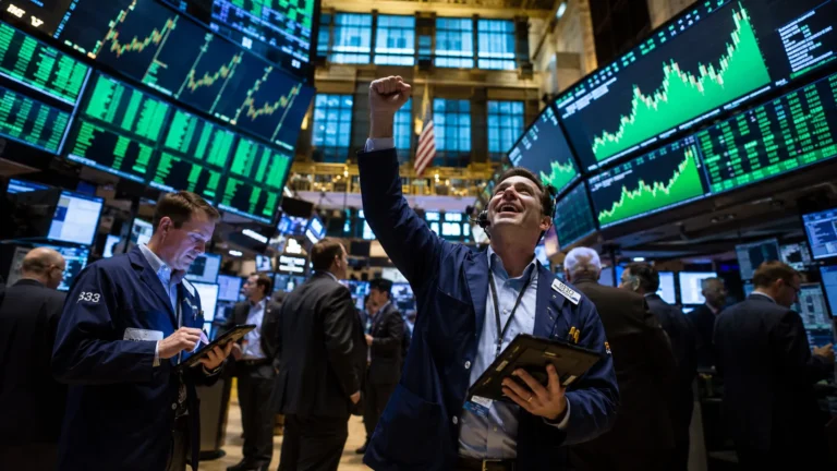 tock market trading floor New York Stock Exchange with green ticker screens showing record highs, dramatic cinematic lighting, wide angle,