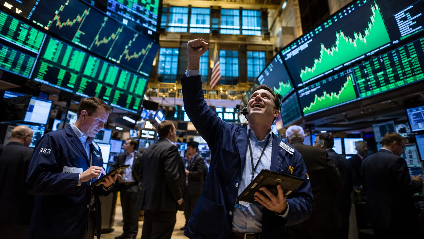 tock market trading floor New York Stock Exchange with green ticker screens showing record highs, dramatic cinematic lighting, wide angle,