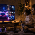 A modern living room at night with a large smart TV displaying a colorful racing game. Two people sitting on a couch holding wireless controllers, laughing and competing. Warm ambient lighting, neon game UI on the screen, relaxed and fun atmosphere. Photorealistic, cinematic wide shot