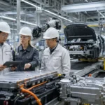 BYD electric vehicles being assembled at a modern car factory in Hungary