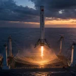 Long March 10B booster descending into a net on a recovery ship in the South China Sea