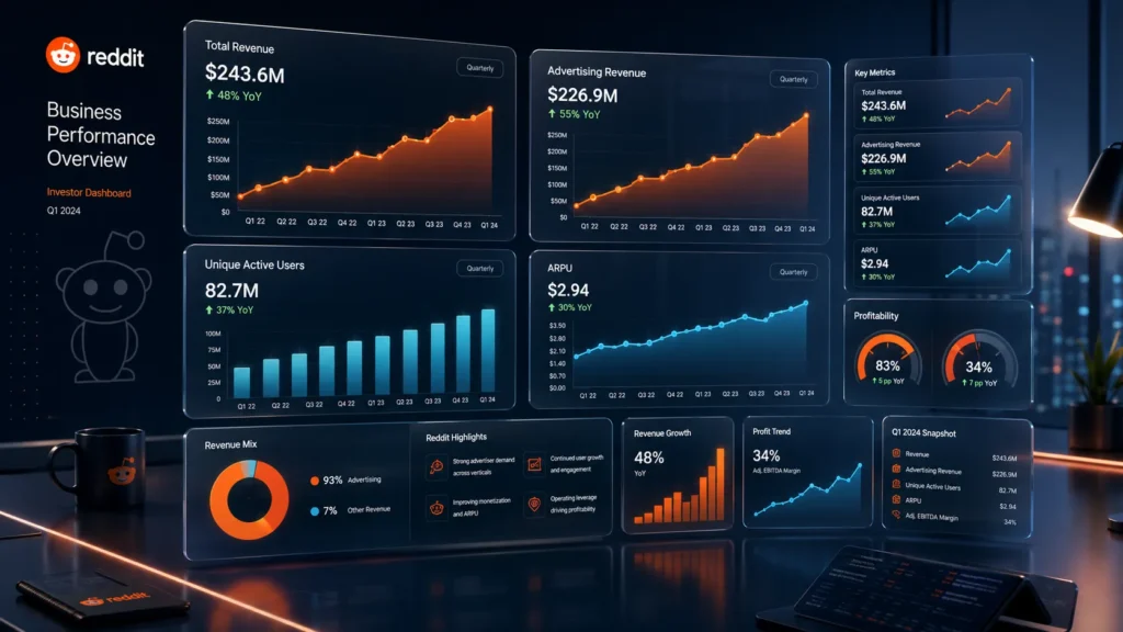 RDDT earnings 2026 dashboard with revenue, ARPU and advertising growth data