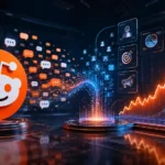RDDT stock 2026 outlook with Reddit AI advertising and rising market chart