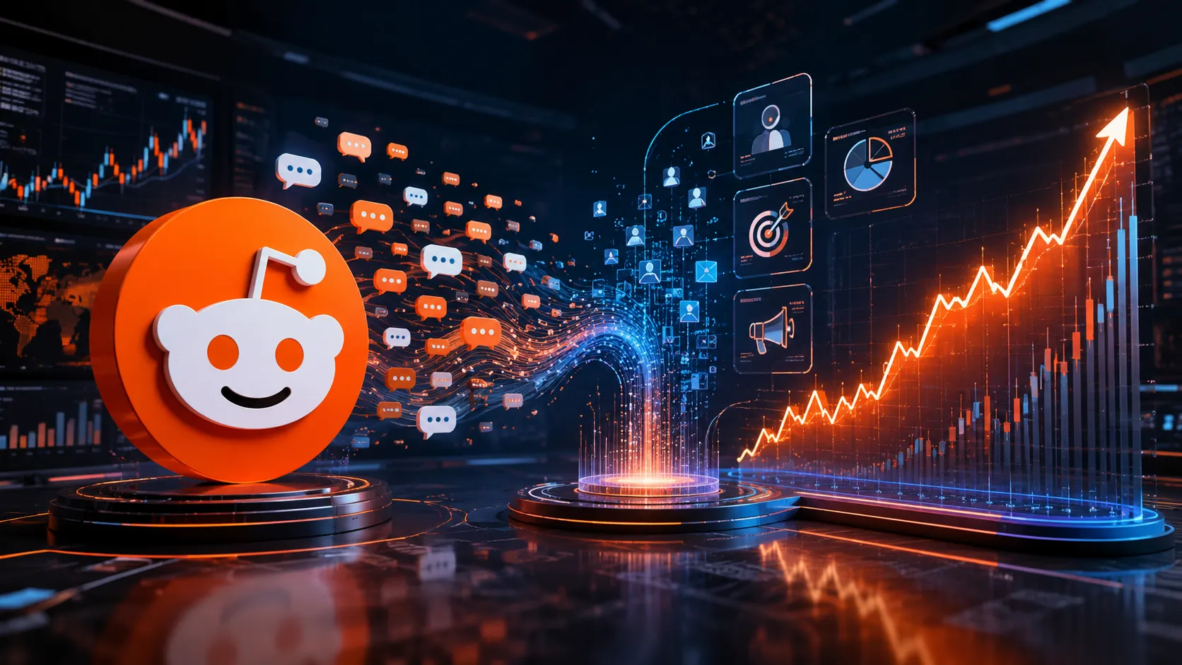 RDDT stock 2026 outlook with Reddit AI advertising and rising market chart